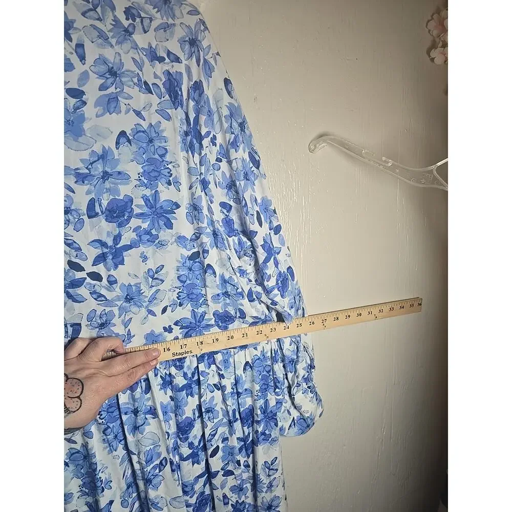 H&M Button Up Shirt Dress XL Blue Floral Oversized Lightweight Travel Summer - Picture 7 of 10